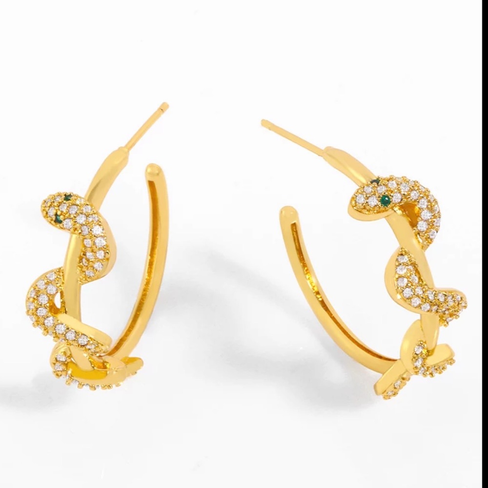 18k Gold Diamond Hoop  Snake Earrings